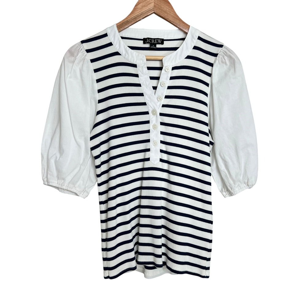 J.Crew Navy Blue Striped Rubbed Puff Sleeve Henley Blouse SZ M Nautical Coastal
